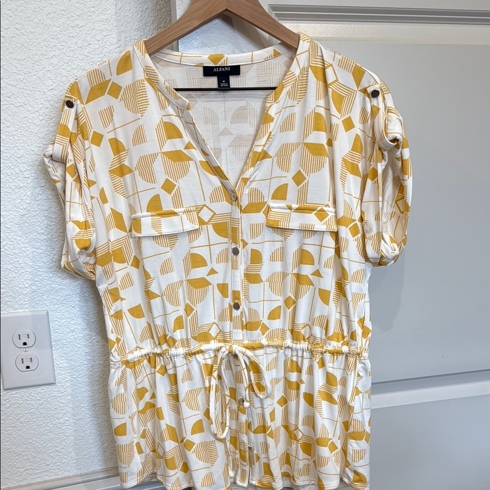 Alfani Yellow Puff Sleeve Blouse with Notched Collar